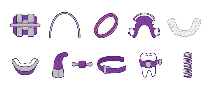 Dental Braces Components Set Orthodontics Equipment Vector Icons for Teeth Alignment Treatment Dental Care Tools Collection with Retainers Aligners and Metal Brackets for Oral Health Medical Illustrat