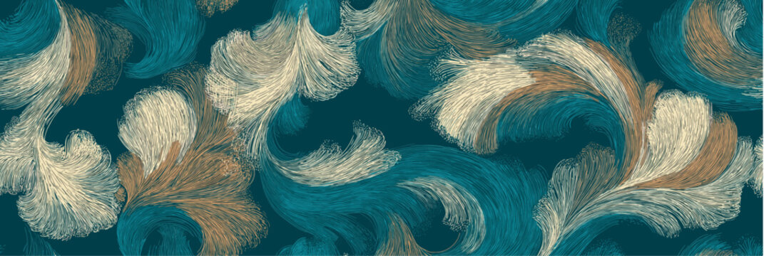 Abstract flowing scroll pattern creating dynamic waves. Seamless repeating organic pattern with swirling lines in blue and beige tones