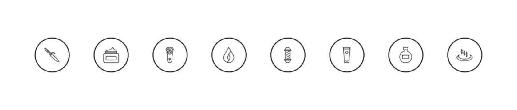 outline beauty icons set - electric shaver, hair sample, barber shop. editable vector for web and mobile ui