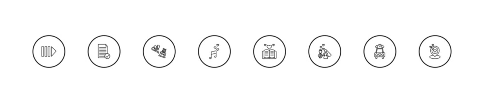 outline birthday and party icons set - happy birthday, love music, guests book. editable vector for web and mobile ui