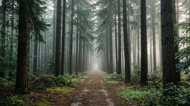 Tall pine trees in a misty forest with a narrow dirt path during dawn