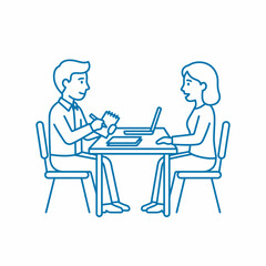 Fototapeta premium Business Professional Interview or Consultation Vector Illustration with Man and Woman Discussing Project Over Laptop and Notebook