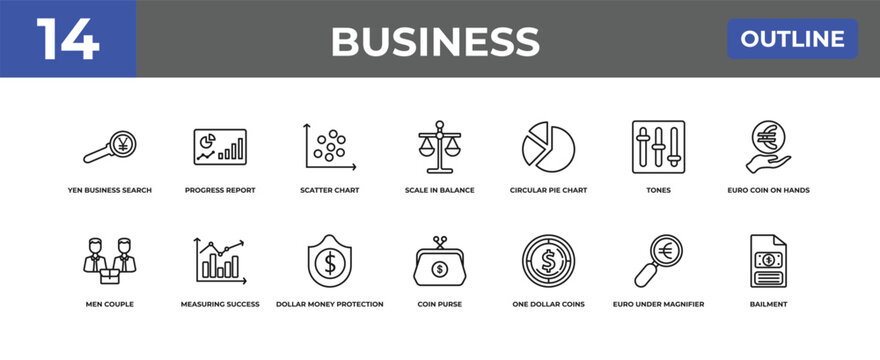 outline business icons set - yen business search, progress report, euro under magnifier. editable vector for web and mobile ui