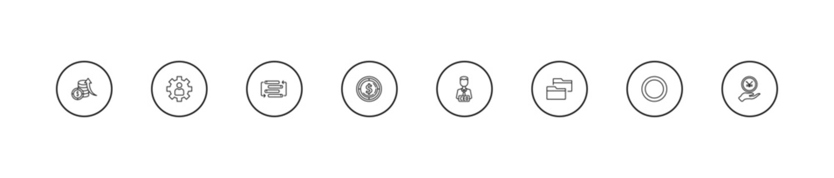 outline business icons set - rearrange, one dollar coins, chief executive officer. editable vector for web and mobile ui