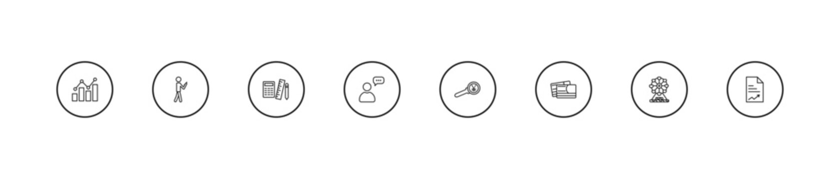outline business icons set - maths tool, man talking, yen business search. editable vector for web and mobile ui