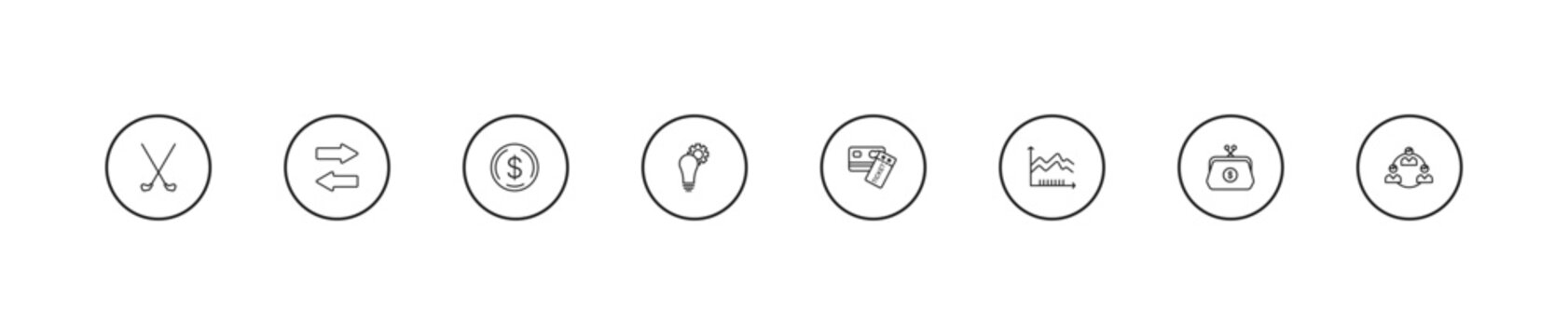 outline business icons set - dollar currency, strategic, credit card and ticket. editable vector for web and mobile ui