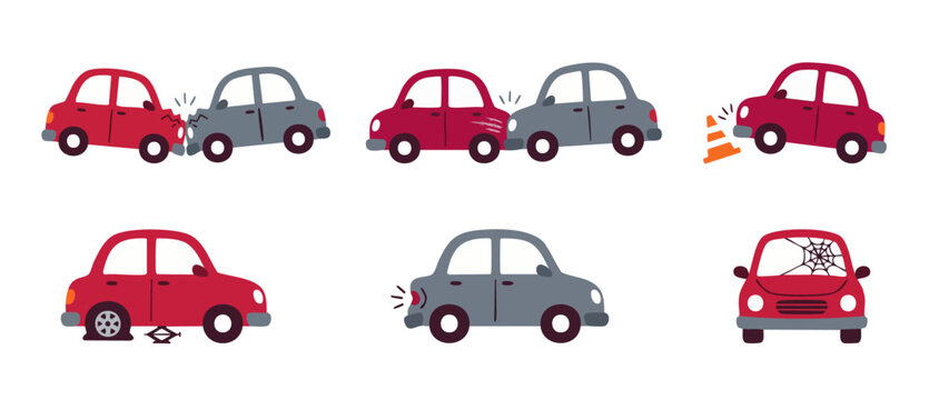 Car Accident Icons Set, Vehicle Damage and Traffic Collision Symbols for Insurance and Road Safety Infographics, Flat Vector Illustration of Crashed Automobiles, Broken Glass, and Flat Tire Scenarios