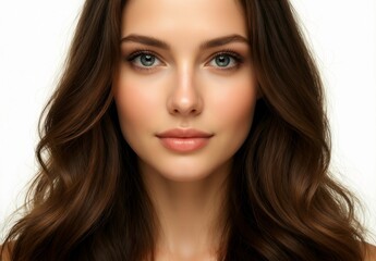 Naklejka premium Beautiful young woman with wavy brunette hair and green eyes, white background