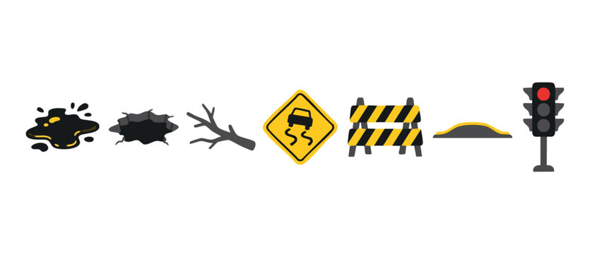 Road Hazards and Traffic Icons Set: Potholes, Roadblocks, and Safety Signs for Urban Construction and Street Maintenance Projects, Flat Vector Graphics Isolated on White Background for Transportation