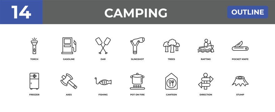 outline camping icons set - torch, gasoline, direction. editable vector for web and mobile ui
