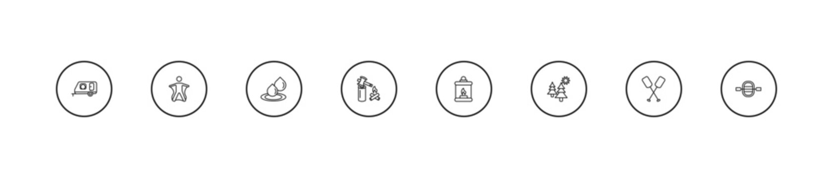 outline camping icons set - water, firewood, fire lamp. editable vector for web and mobile ui