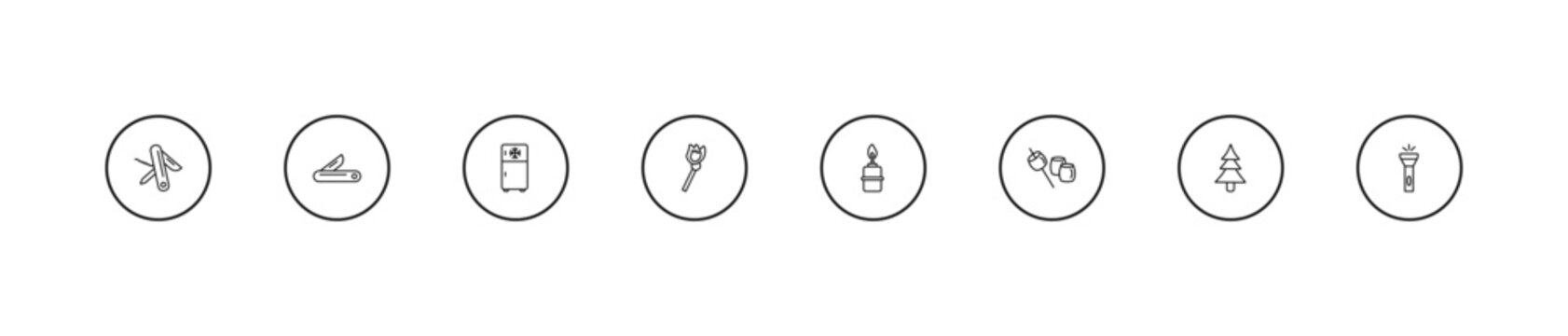 outline camping icons set - freezer, matches, cooking gas. editable vector for web and mobile ui