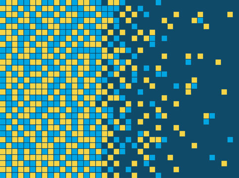 Futuristic Pixelated Grid Background with Cyan and Yellow Square Particles Breaking Away into Digital Space