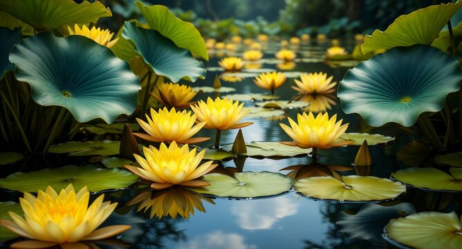 Yellow water lilies blooming on a serene pond with lush green lily pads
