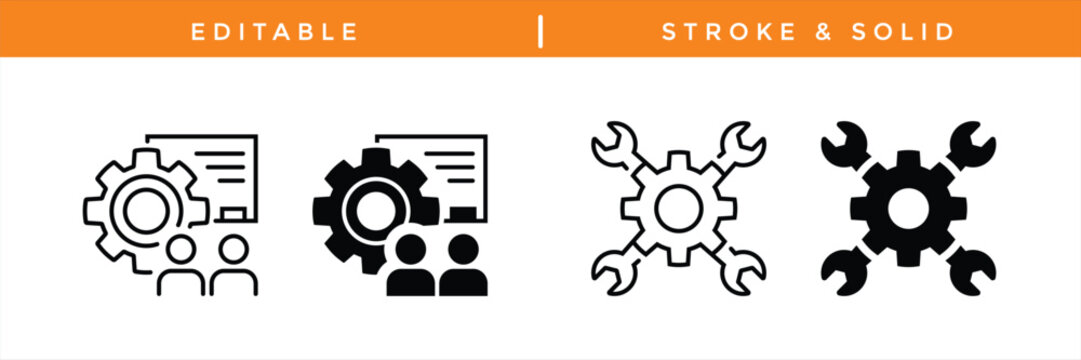 System configuration and maintenance icons with gear, tools and user settings, technical support and software management concept, minimal line and solid vector