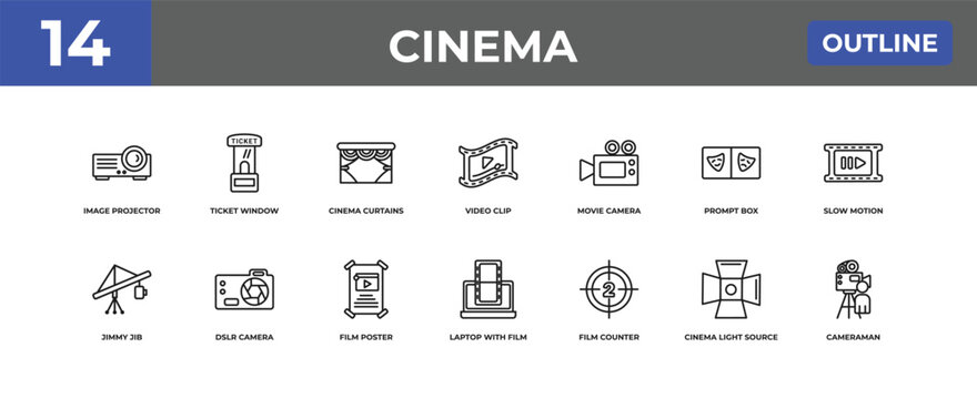outline cinema icons set - image projector, ticket window, cinema light source. editable vector for web and mobile ui