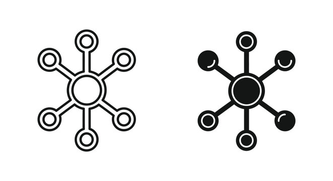 Abstract network connection diagram with central node and radiating connections vector graphic in outline and solid styles