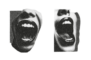 Open mouth singing as isolated retro halftone collage cut-out element. Vintage dotted texture with grunge punk style for mixed media design. © Виктория Проскурина