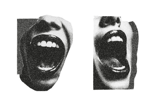 Open mouth singing as isolated retro halftone collage cut-out element. Vintage dotted texture with grunge punk style for mixed media design.