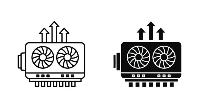Dual fan computer graphics card with heat exhaust arrows vector illustration in outline and solid black