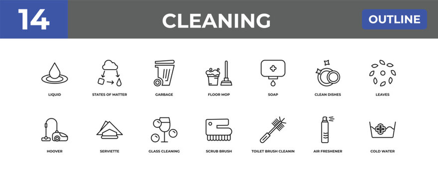 outline cleaning icons set - liquid, states of matter, air freshener. editable vector for web and mobile ui