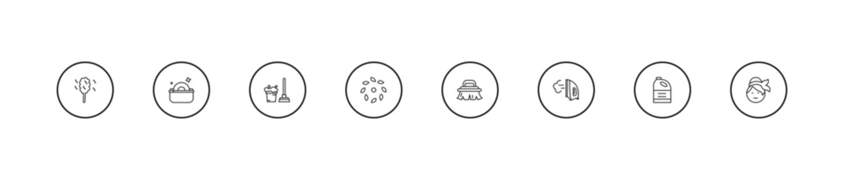 outline cleaning icons set - floor mop, leaves, brush cleanin. editable vector for web and mobile ui