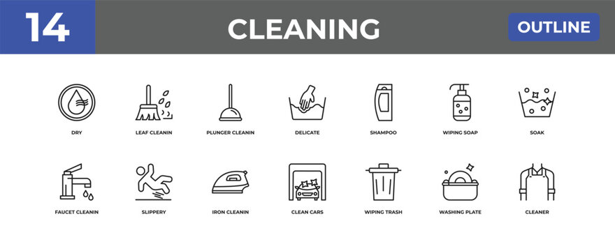 outline cleaning icons set - dry, leaf cleanin, washing plate. editable vector for web and mobile ui
