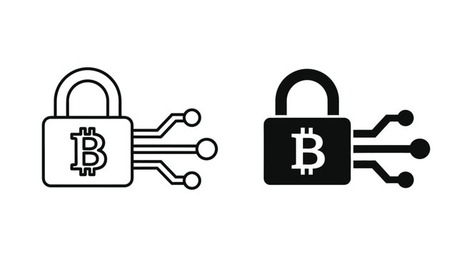 Bitcoin cryptocurrency padlock icon with circuit board connections vector illustration in outline and solid styles