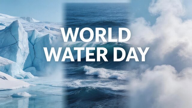 World water day graphic showing earth's water cycle with an iceberg, ocean waves, and clouds representing the solid, liquid, and gaseous states of water