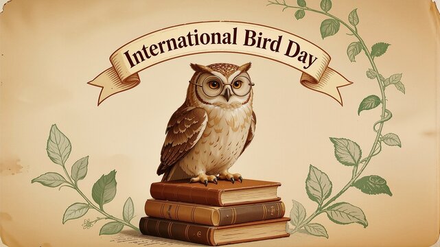 Owl wearing round glasses sitting on a stack of vintage books under a banner declaring International Bird Day, surrounded by green leaves, symbolizing wisdom and nature education