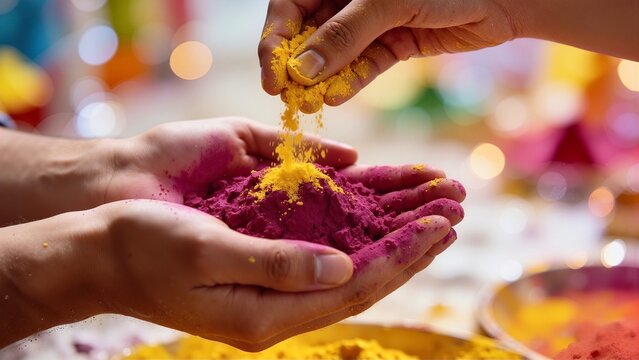 Hands holding vibrant dry gulal powder, with yellow color pouring into a heap of pink, symbolizing the joy, tradition, and community spirit of the indian festival of colors