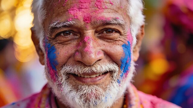 Elderly indian man with white beard smiling, face and clothes dusted in bright pink and blue gulal during joyful holi celebration, candid close-up capturing vibrant cultural fun
