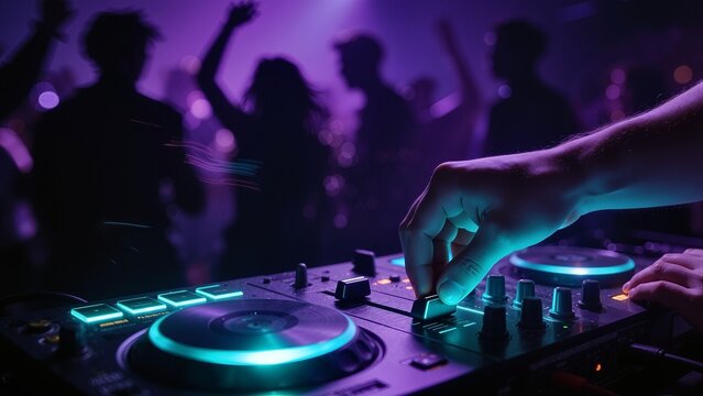 Dj hand on mixing board with glowing purple and blue club lights and dancing crowd silhouettes, capturing energetic urban nightlife, music, movement, and celebration