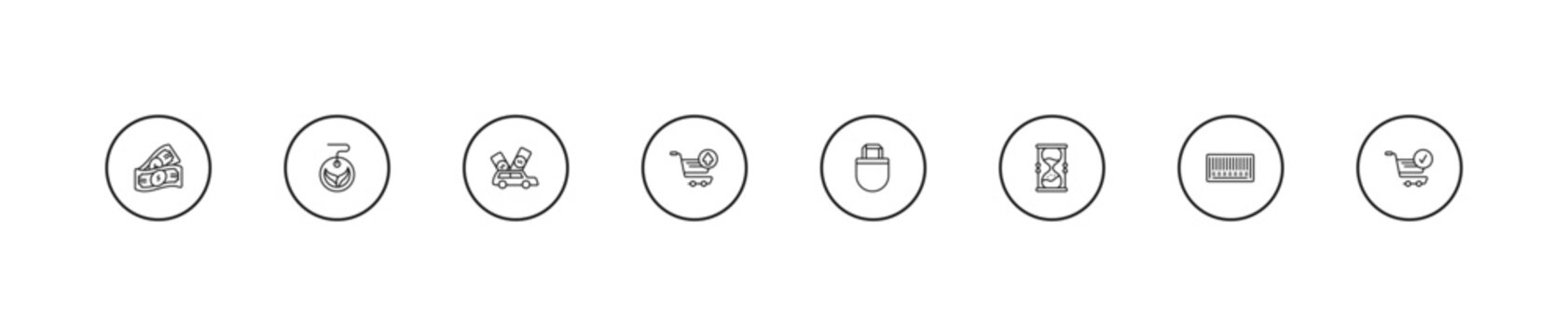 outline commerce icons set - buy a car, take out from the cart, tote bag. editable vector for web and mobile ui