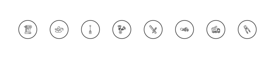 outline construction icons set - working shovel, two screws, pencil and ruler. editable vector for web and mobile ui © IconArt