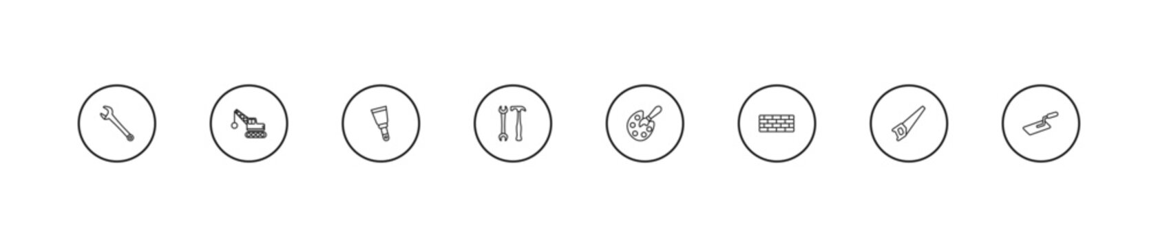 outline construction tools icons set - scraper, garage screwdriver, pallete. editable vector for web and mobile ui