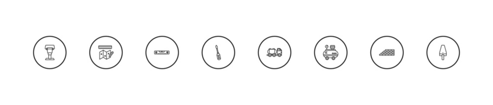 outline construction tools icons set - plumb rule tool, screwdrivers, tank truck. editable vector for web and mobile ui