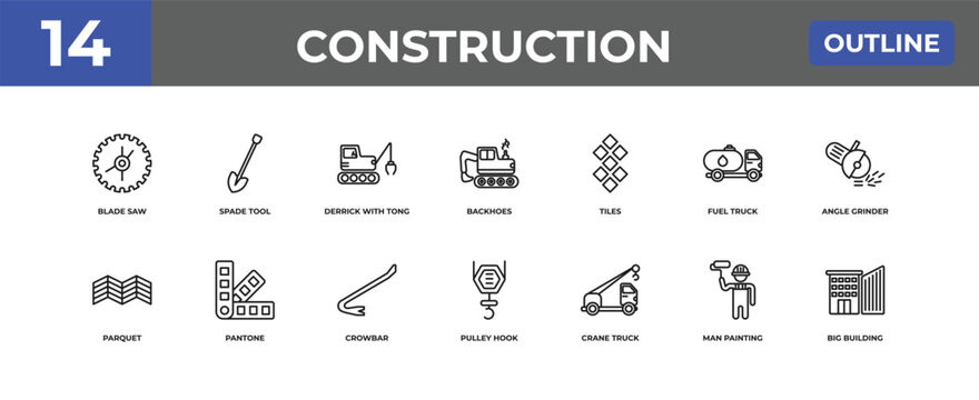 outline construction icons set - blade saw, spade tool, man painting. editable vector for web and mobile ui
