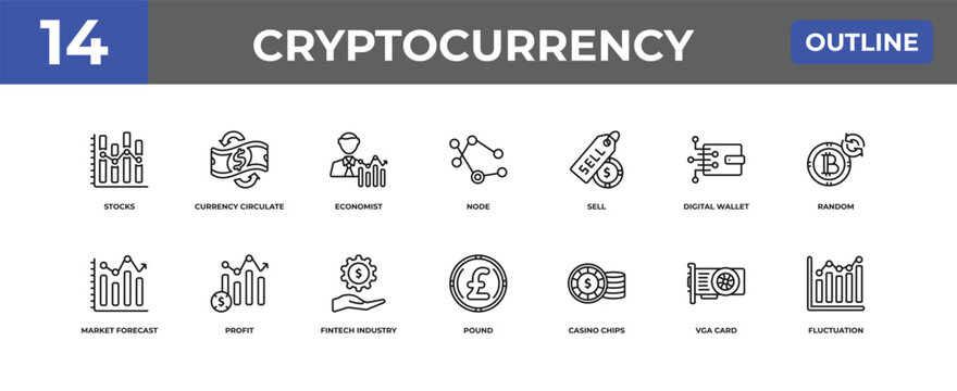 outline cryptocurrency icons set - stocks, currency circulate, vga card. editable vector for web and mobile ui