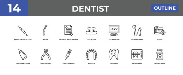 outline dentist icons set - periodontal scaler, filler, radiograph. editable vector for web and mobile ui © IconArt