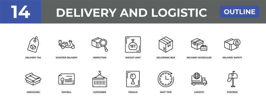 outline delivery and logistic icons set - delivery tag, scooter delivery, logistic. editable vector for web and mobile ui