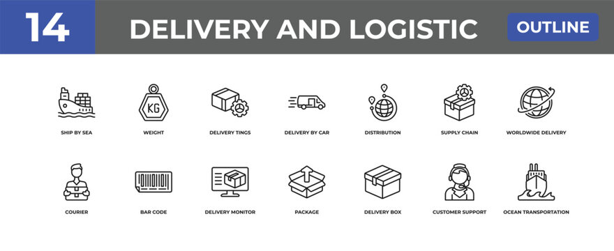 outline delivery and logistic icons set - ship by sea, weight, customer support. editable vector for web and mobile ui