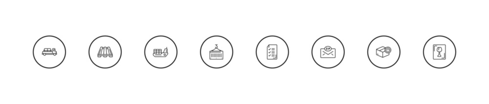 outline delivery and logistic icons set - logistic ship, container, delivery list. editable vector for web and mobile ui