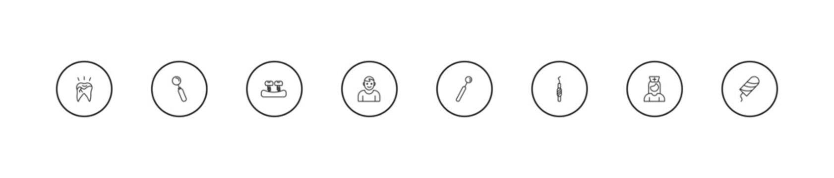 outline dentist icons set - fake tooth, healthy boy, dentist mirror. editable vector for web and mobile ui