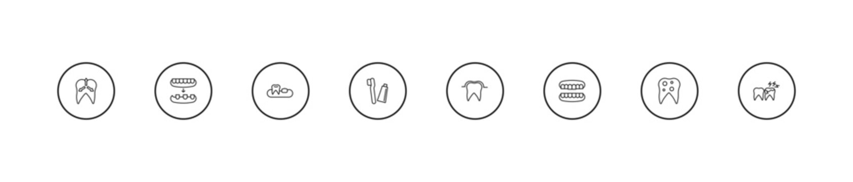 outline dentist icons set - partial denture, toothbrushes, sealants. editable vector for web and mobile ui