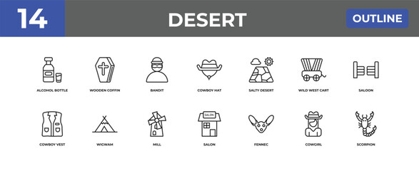 outline desert icons set - alcohol bottle, wooden coffin, cowgirl. editable vector for web and mobile ui © IconArt