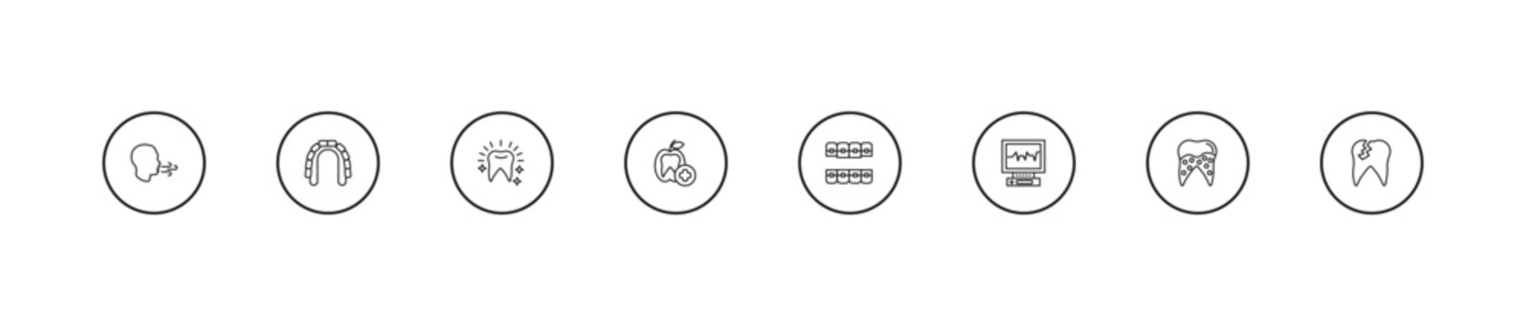 outline dentist icons set - white teeth, dentist, lingual braces. editable vector for web and mobile ui