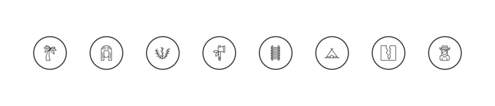 outline desert icons set - tumbleweed, tomahawk, train rails. editable vector for web and mobile ui