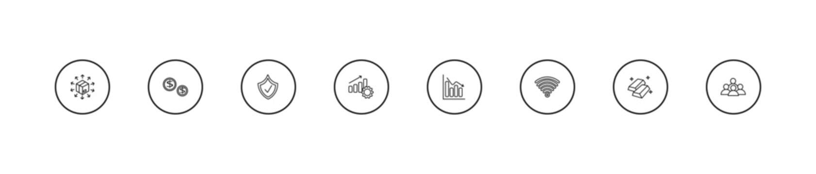 outline digital economy icons set - insurance, productivity, bar chart. editable vector for web and mobile ui
