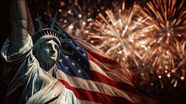 Holiday celebration event. The Statue of Liberty with an American flag in the foreground, illuminated by fireworks in the background, creating a festive atmosphere for Independence Day celebrations.